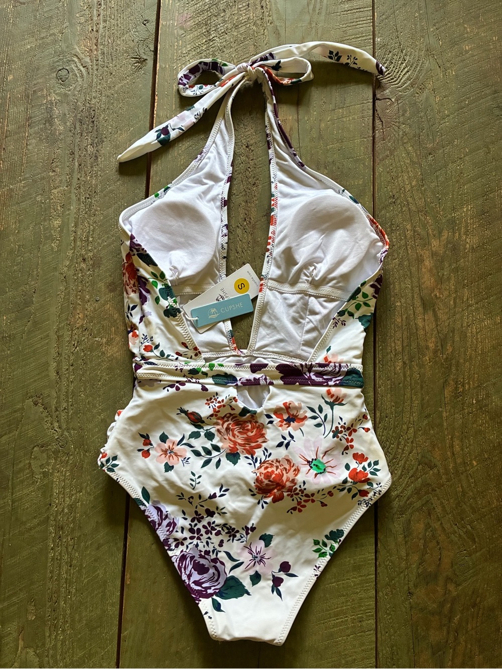 *NWT* White Floral Halter One-Piece Swimsuit with Purple & Green Accents - Picture 2 of 3